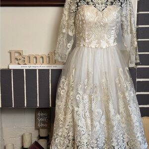 Chi Chi London Champagne Lace Bridal Dress with Gold Embroidery. BNWT